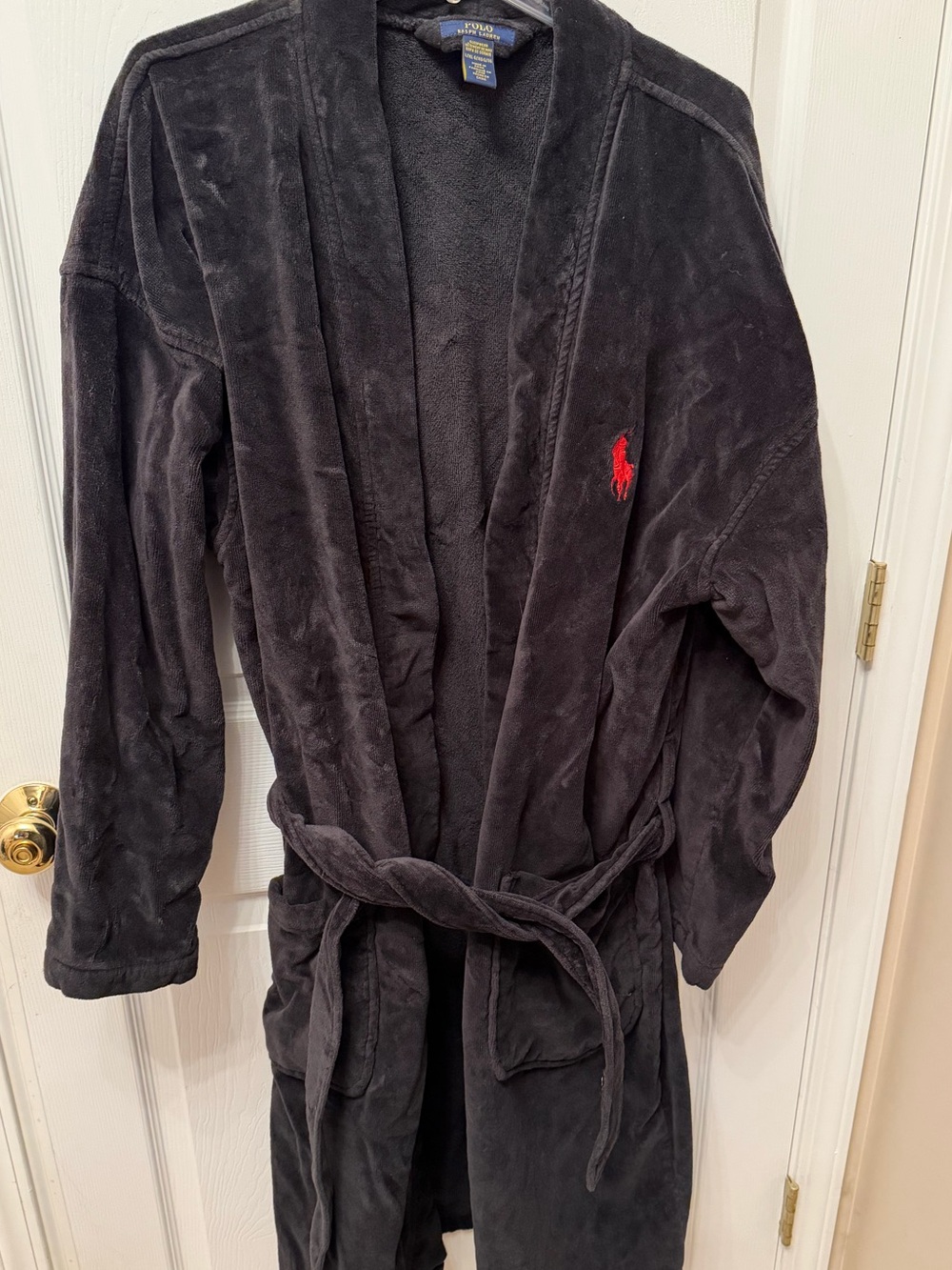 Polo by Ralph Lauren Men's Black Plush Robe with Red Pony 100% Cotton